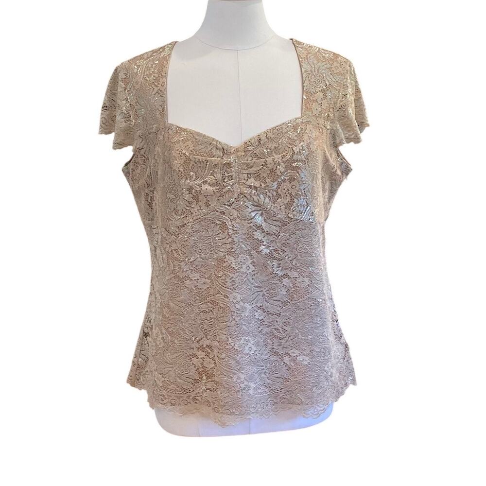 Ann Taylor LOFT Gold Lace Short Sleeve Blouse, Square Neck, Cap Sleeve, 16